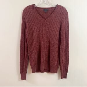 J Crew Cambridge Cable Burgundy Wool Blend V-Neck Sweater